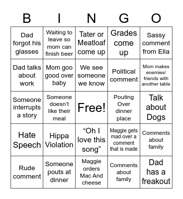 Family Dinner Bingo Card