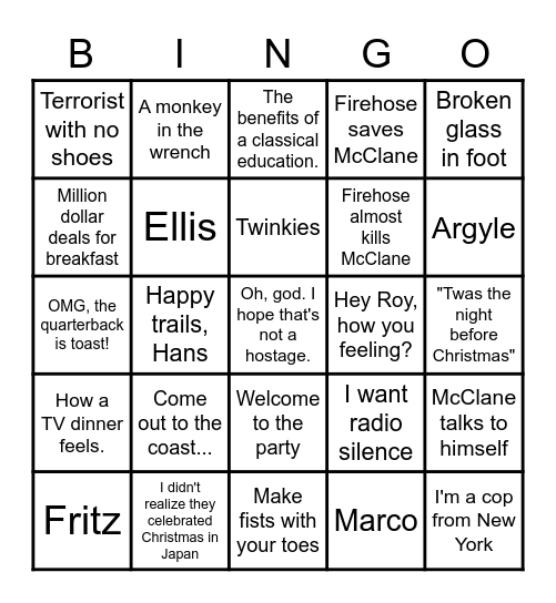 2021 Holiday Die Hard Bingo Card