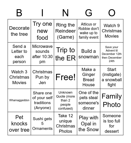 Christmas Family Bingo Card