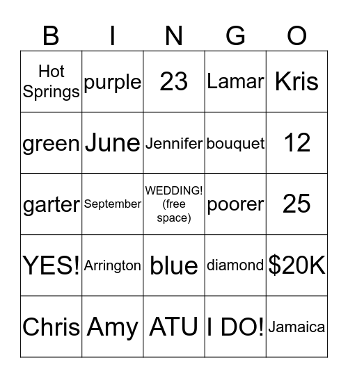 Wedding Bingo! Bingo Card