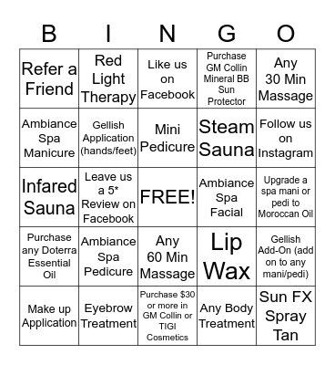 Ambiance Spa Bingo! Bingo Card