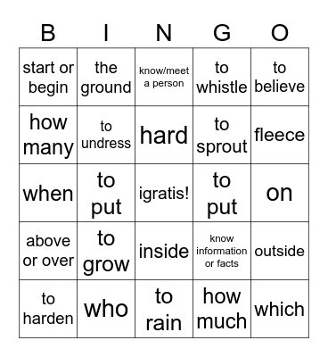 vocabulario Bingo Card