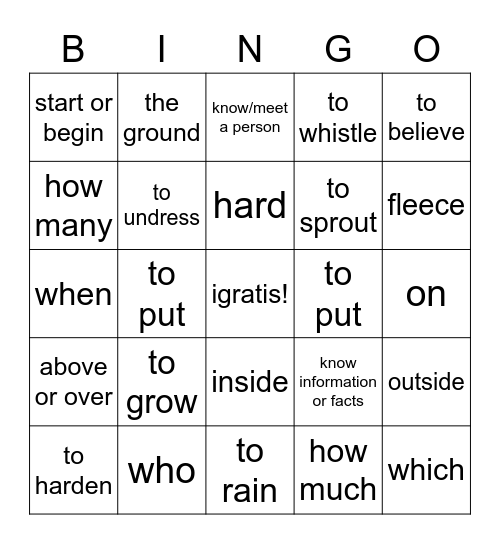 vocabulario Bingo Card