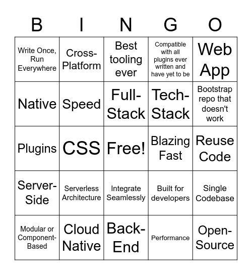 Framework Buzzword Bingo Card