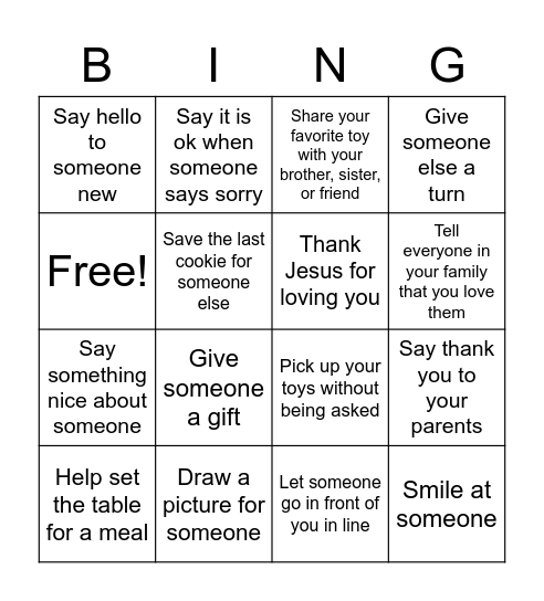 Generosity Bingo PreK/K Bingo Card