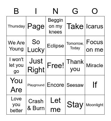 Got7 Song Bingo Card