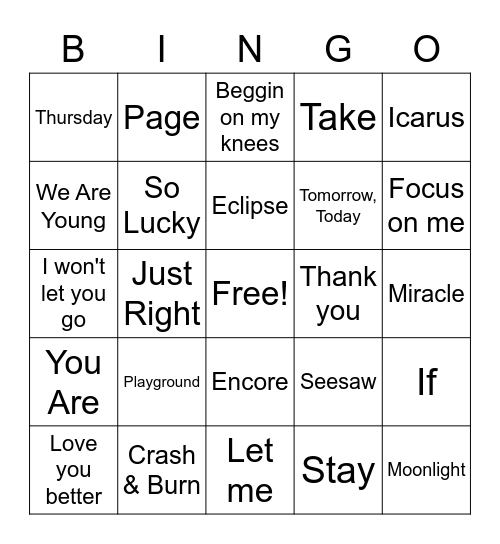 Got7 Song Bingo Card