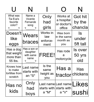 GET TO KNOW THE FAMILY Bingo Card