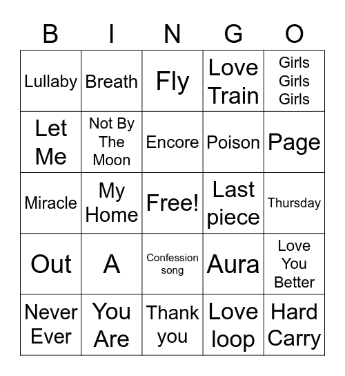 Got7 Songs Bingo Card