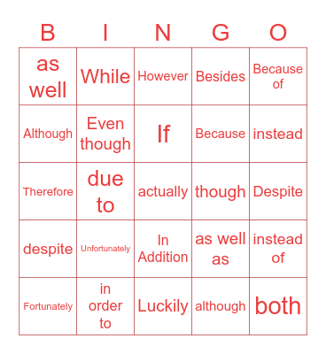 B1 - Linking Words Bingo Card