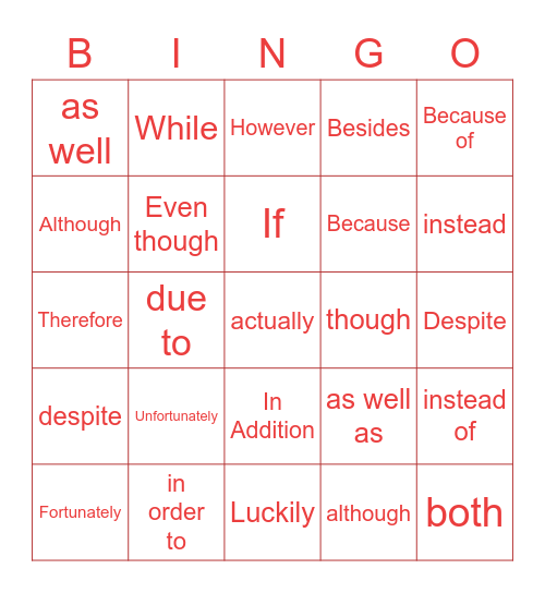 B1 - Linking Words Bingo Card