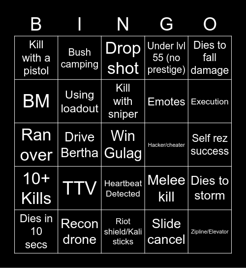 Warzone Spectate Bingo Card