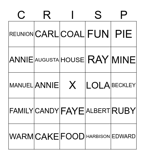 CRISP FAMILY BINGO Card