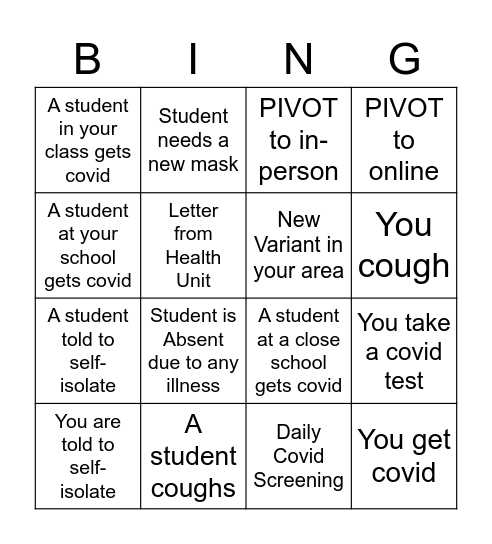 Teacher Covid Bingo Card