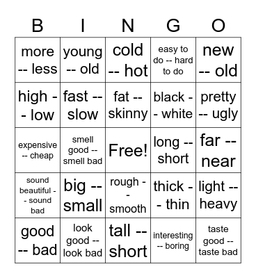 opposite words-English Bingo Card