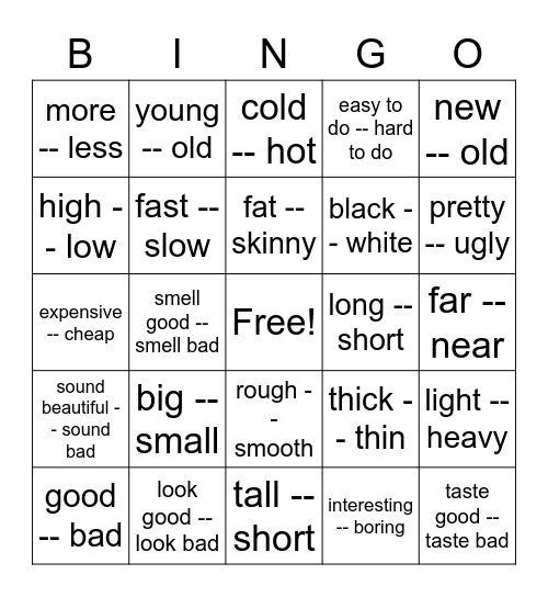 opposite words-English Bingo Card