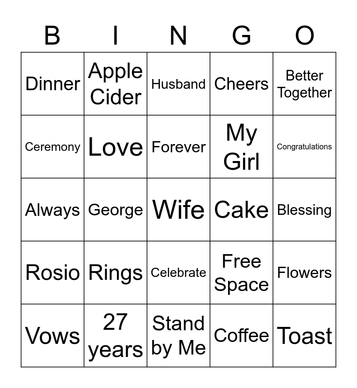 George and Rosio's Anniversary Bingo Card