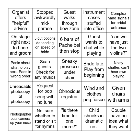 Wedding Quartet Bingo Card