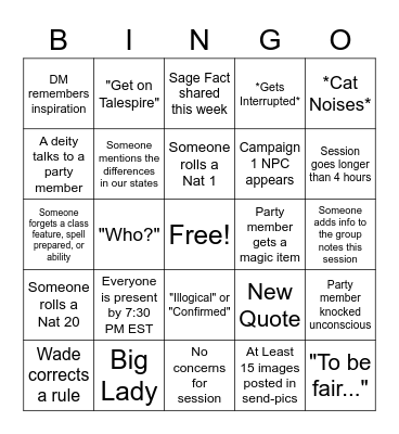 Venigus Bingo Card