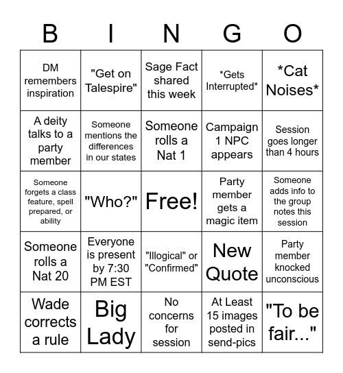 Venigus Bingo Card