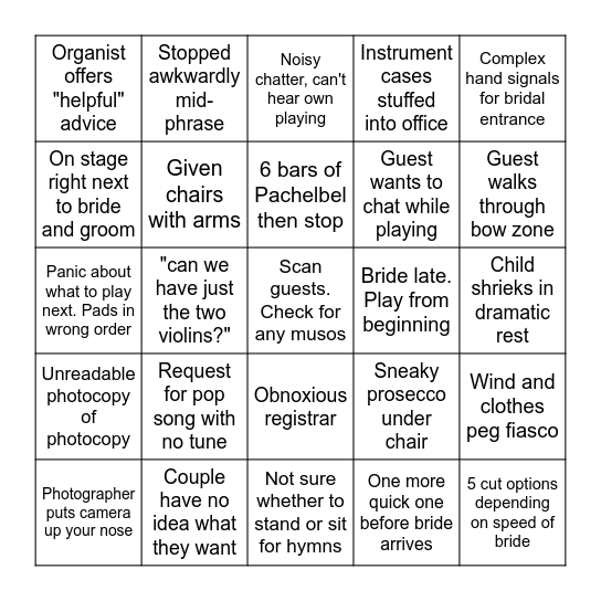 Wedding Quartet Bingo Card