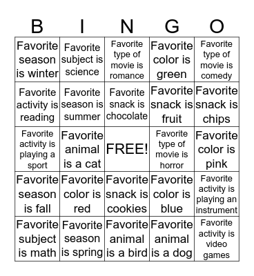 "Favorites" Bingo Card
