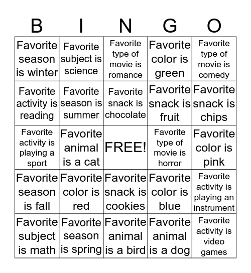 "Favorites" Bingo Card