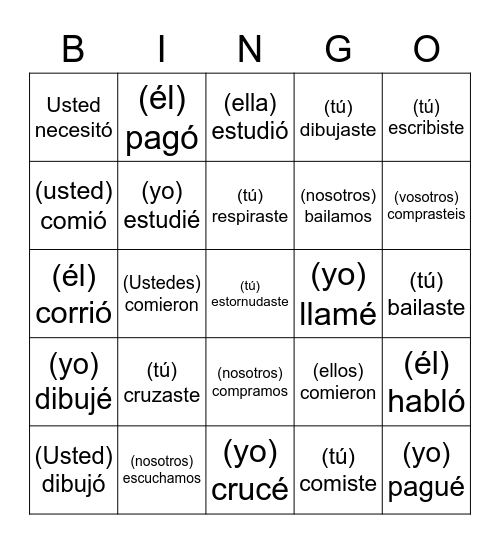Regular Preterite Bingo (& -car, -gar, -zar) Bingo Card