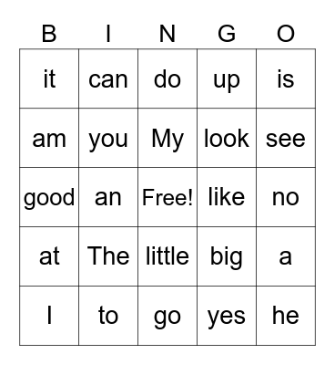 Bingo Sight words Bingo Card