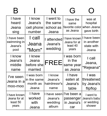J E A N A Bingo Card