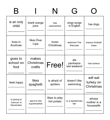 MOVERS SPEAKING Bingo Card