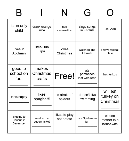 MOVERS SPEAKING Bingo Card