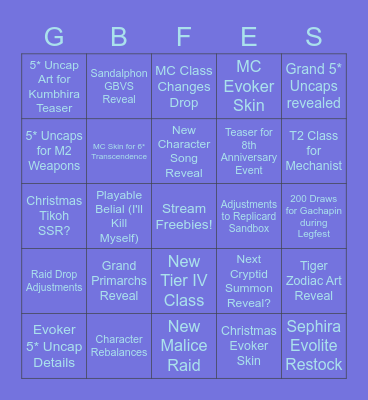 Granblue Fantasy FES 2021 Stream Bingo Card