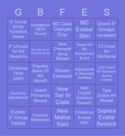 Granblue Fantasy FES 2021 Stream Bingo Card