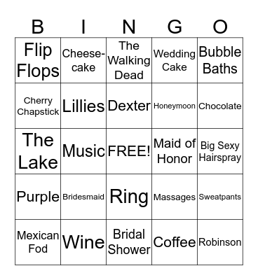 Bride To Be  Bingo Card