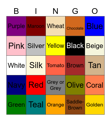 25 Colors Bingo Card
