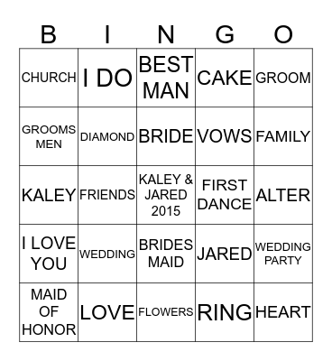 Kaley's Bridal Shower  Bingo Card