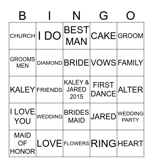 Kaley's Bridal Shower  Bingo Card