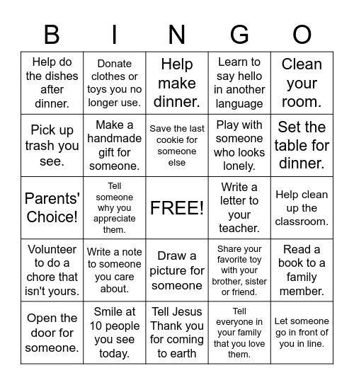 Generosity Bingo 1st / 2nd Bingo Card