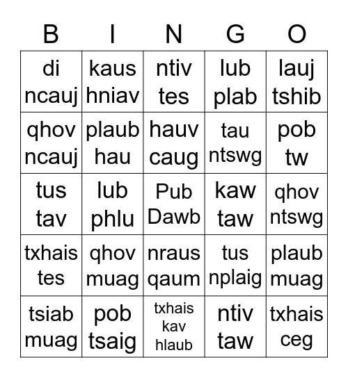 Hmong Body Parts Bingo Card