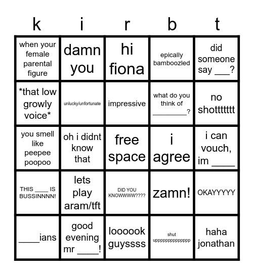 kirbob Bingo Card