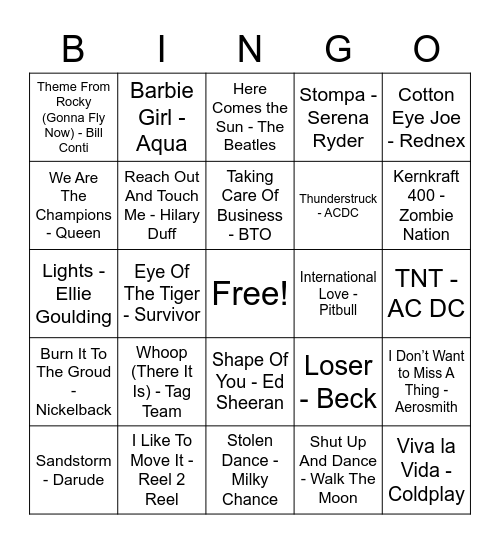 music bingo Card