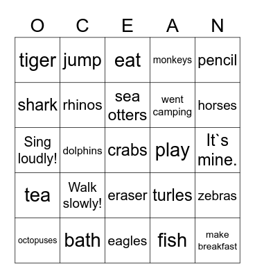Elementary A Oceans Bingo Card