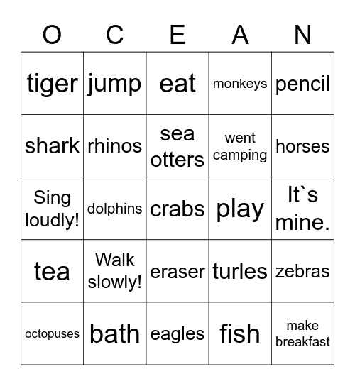 Elementary A Oceans Bingo Card