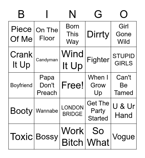 Dirty Girls Bingo Card