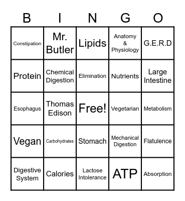 Digestive System Bingo Card