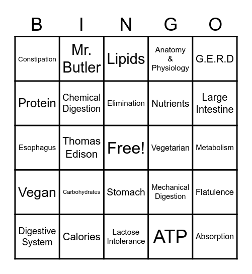 Digestive System Bingo Card