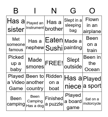 Friendship Bingo Card