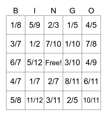 Comparing fractions Bingo Card