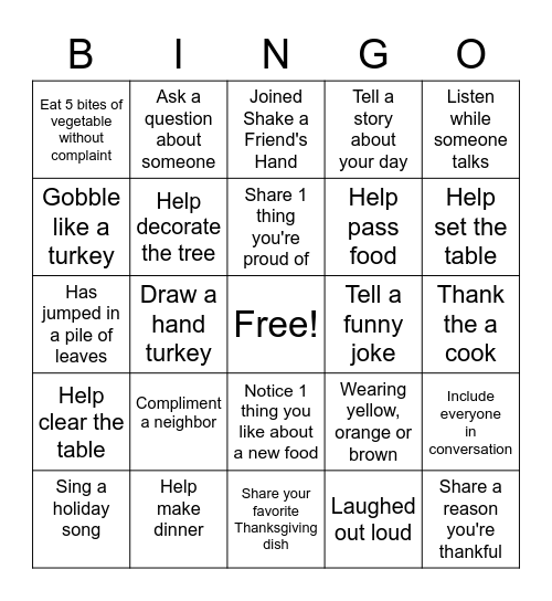 Thanksgiving BINGO Card
